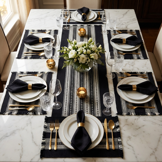 Loin Loom Handwoven Table Set: Runner & 6 Table Mats in Black & White