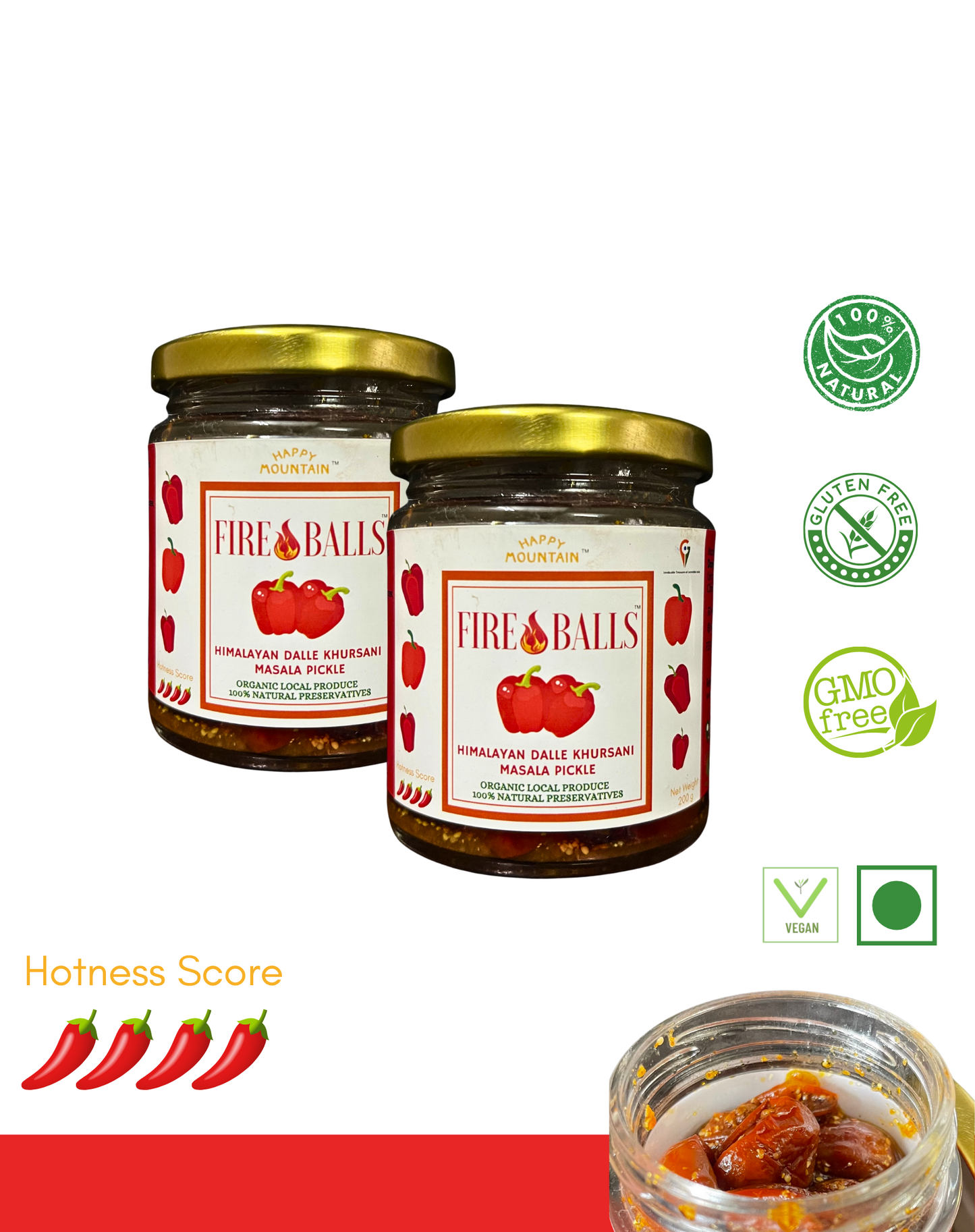 Happy Mountain™ - Fireballs™ - Cherry Chilli Peppers (Dalle Khursani) Masala Pickle Twin Combo (x 2)