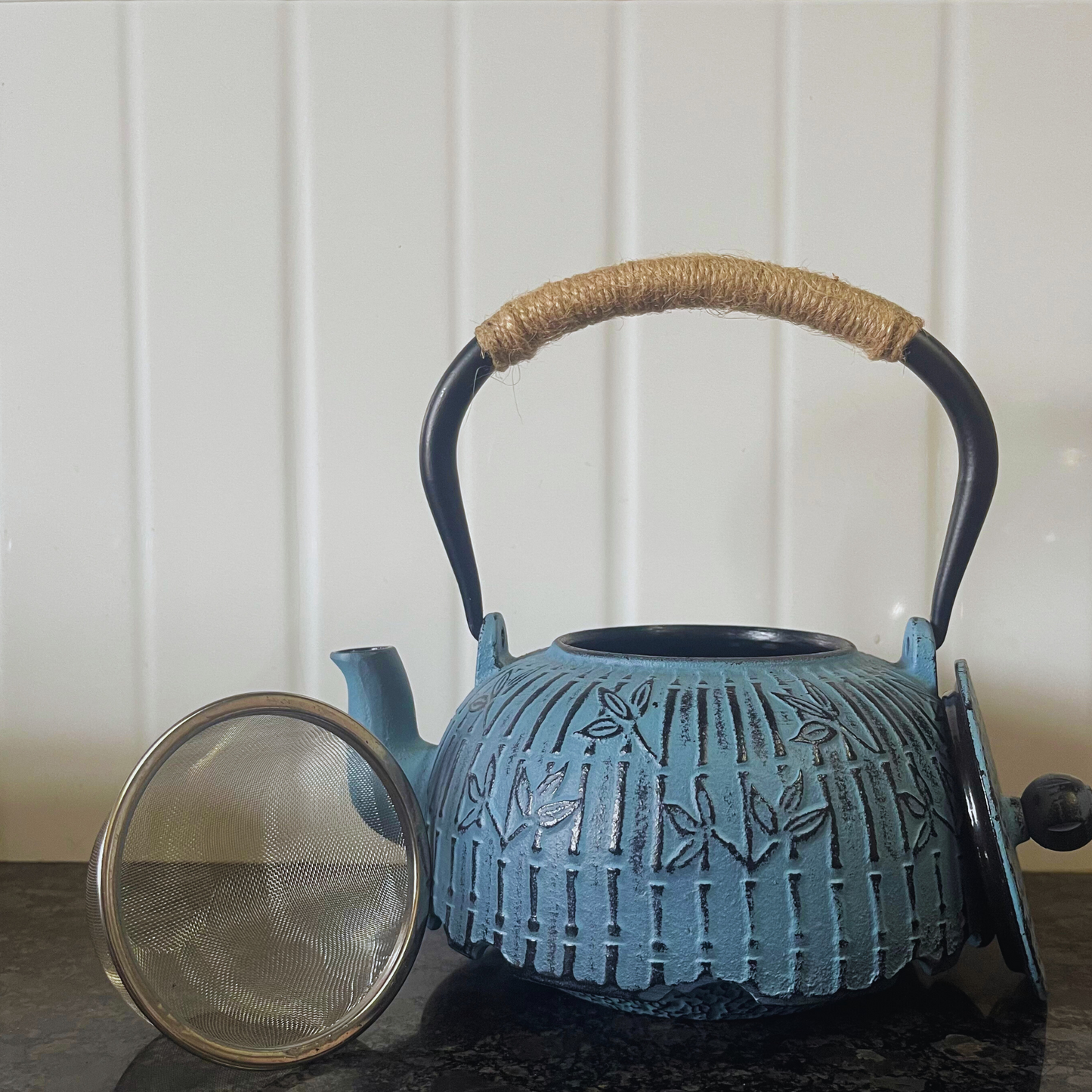 Cast-Iron Hobnail TeaPot - Traditional Japanese Tetsubin (Tetsu-Kyusu) Bamboo Lines Blue TeaPot 1200ml