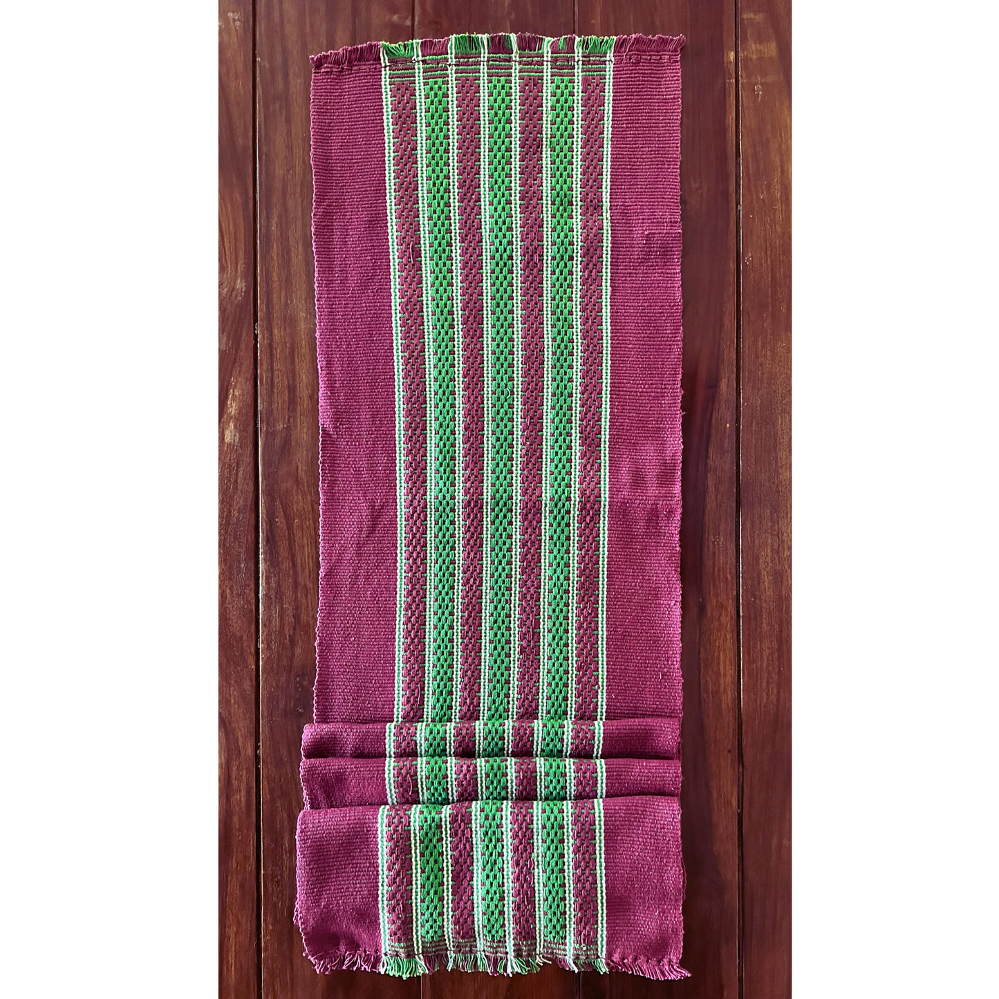 Loin Loom Handwoven Table Set: Runner & 6 Table Mats in Maroon & Green