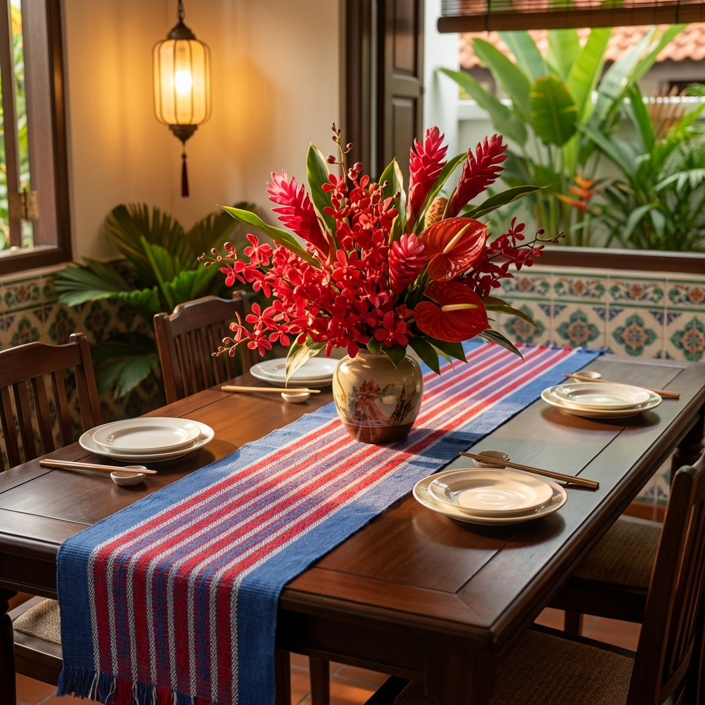 Loin Loom Handwoven Table Runner in Blue & Red