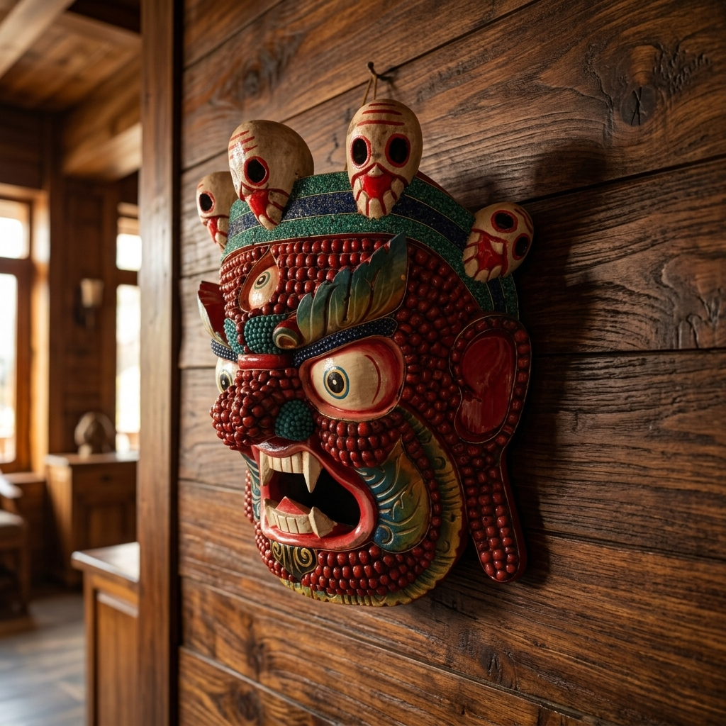 Red Mahākāla Handmade & Beaded Wooden Mask