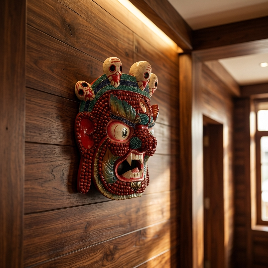 Red Mahākāla Handmade & Beaded Wooden Mask