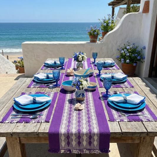 Loin Loom Handwoven Table Set: Runner & 6 Table Mats in Violet & White