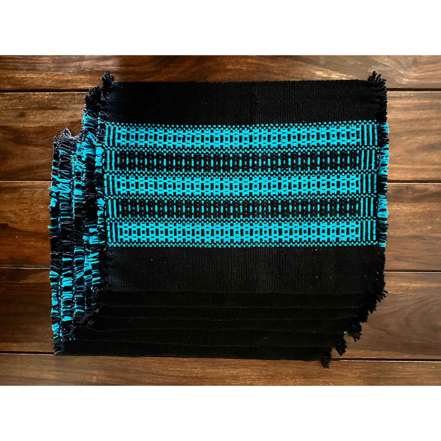 Loin Loom Handwoven Woollen Table Mat - Teal & Black (Set of 6)