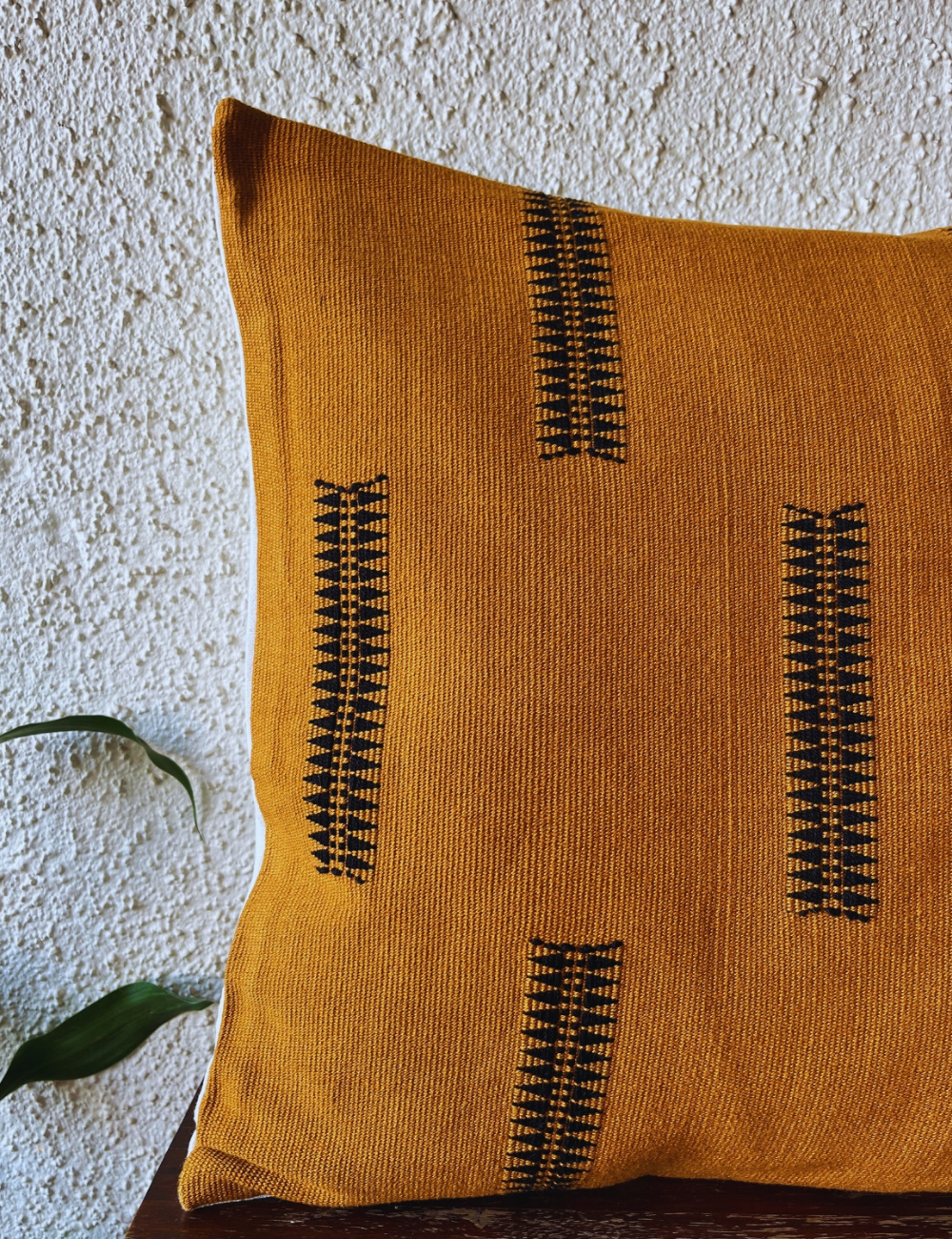Chizami Weaves - Loin Loom Handwoven Cushion Cover Set in Dark Mustard with Black Motif (Set of 2)