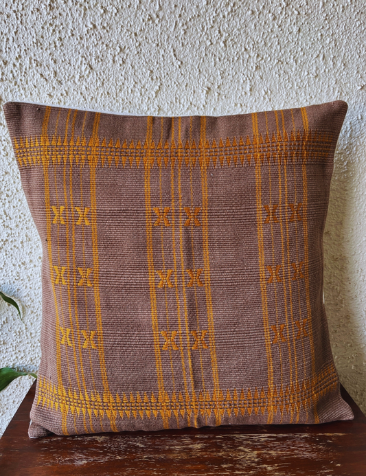 Chizami Weaves - Loin Loom Handwoven Cushion Cover Set in Brown with Gold Motif (Set of 2)