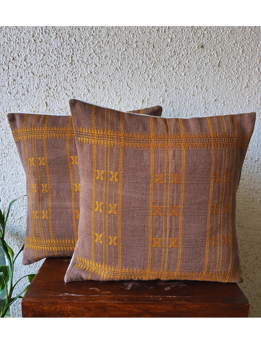 Chizami Weaves - Loin Loom Handwoven Cushion Cover Set in Brown with Gold Motif (Set of 2)