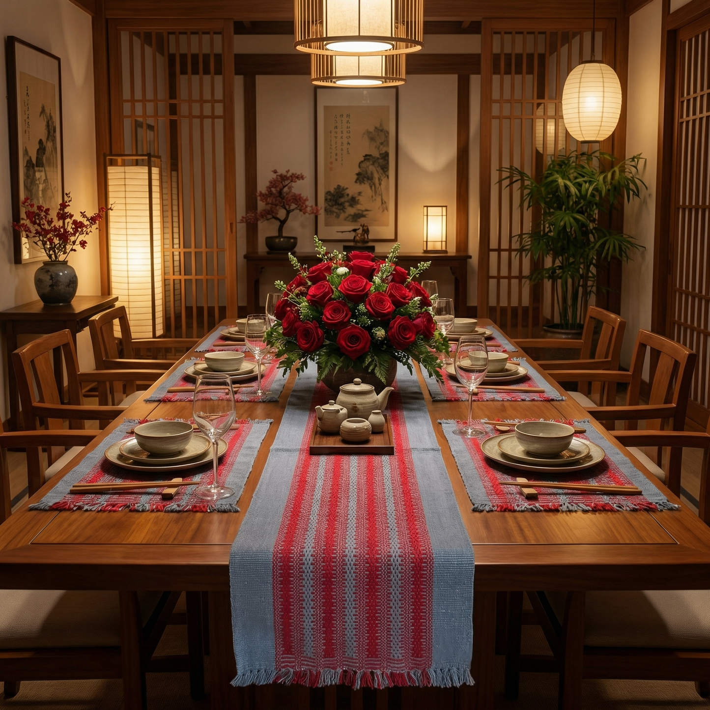 Loin Loom Handwoven Table Set: Runner & 6 Table Mats in Grey & Maroon Red