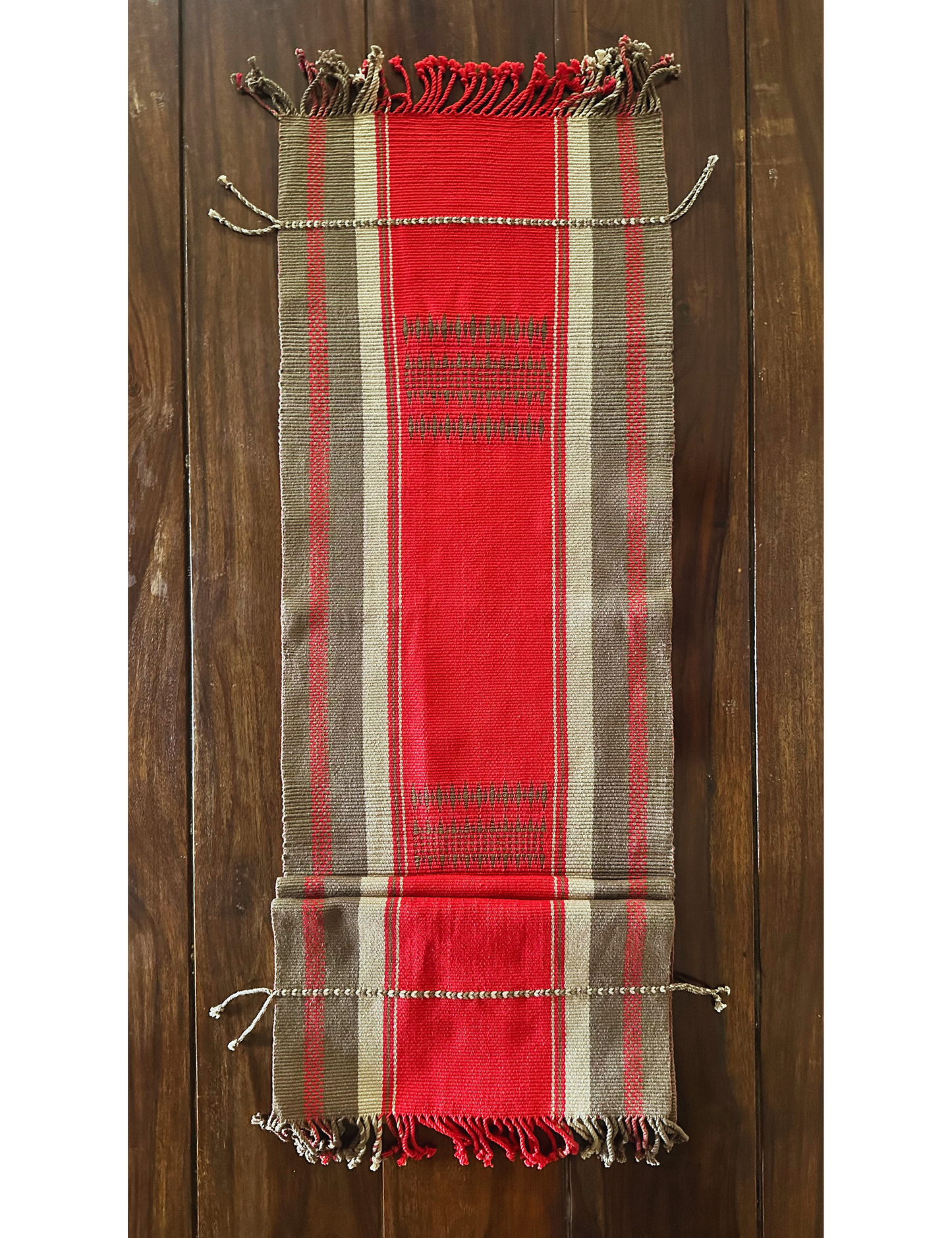 Chizami Weaves - Loin Loom Handwoven Table Set: Runner & 6 Table Mats in Red, Ecru, Brown