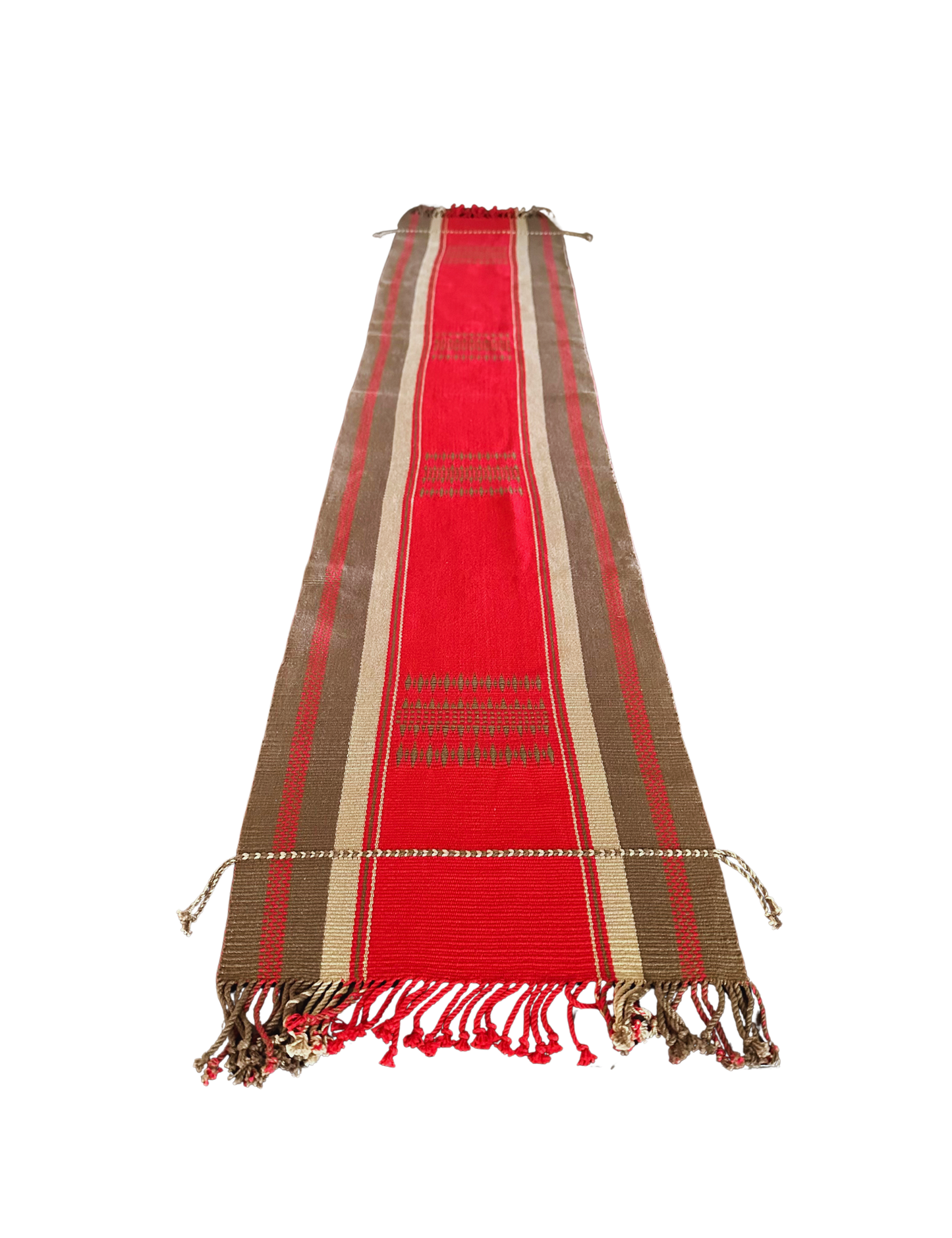 Chizami Weaves - Loin Loom Handwoven Table Set: Runner & 6 Table Mats in Red, Ecru, Brown