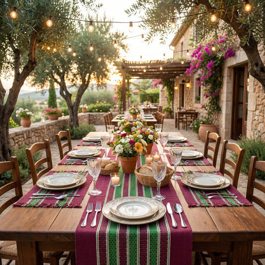 Loin Loom Handwoven Table Set: Runner & 6 Table Mats in Maroon & Green