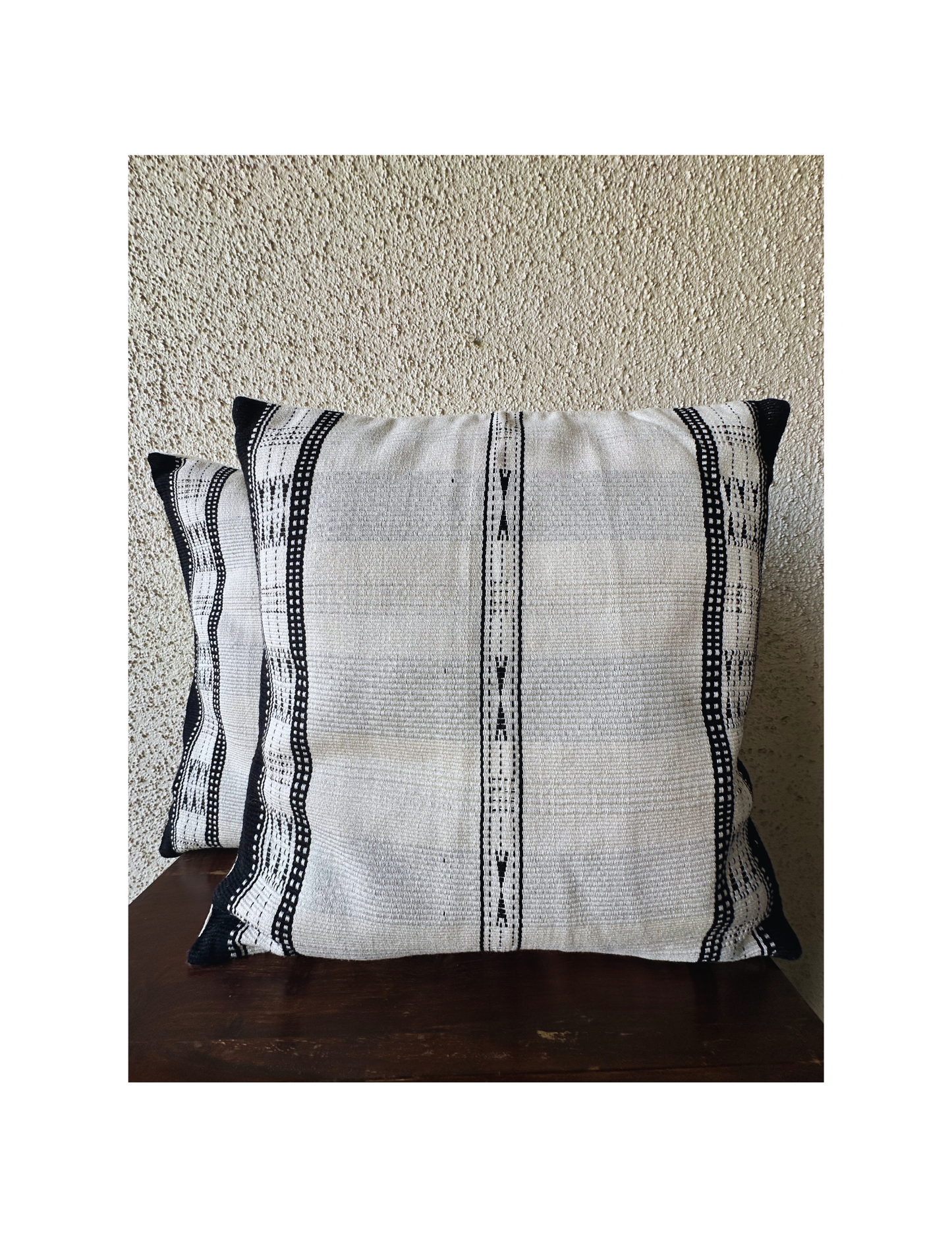 Chizami Weaves - Loin Loom Handwoven Cushion Cover Set in White with Black Motifs (Set of 2)