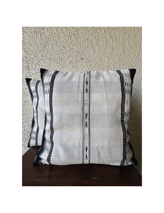 Chizami Weaves - Loin Loom Handwoven Cushion Cover Set in White with Black Motifs (Set of 2)