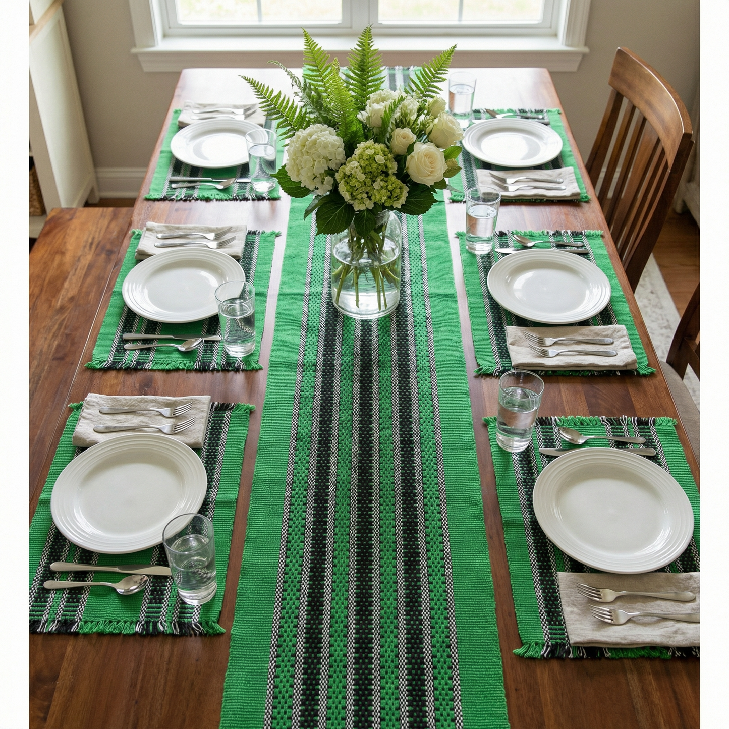 Loin Loom Handwoven Table Set: Runner & 6 Table Mats in Parrot Green & Black