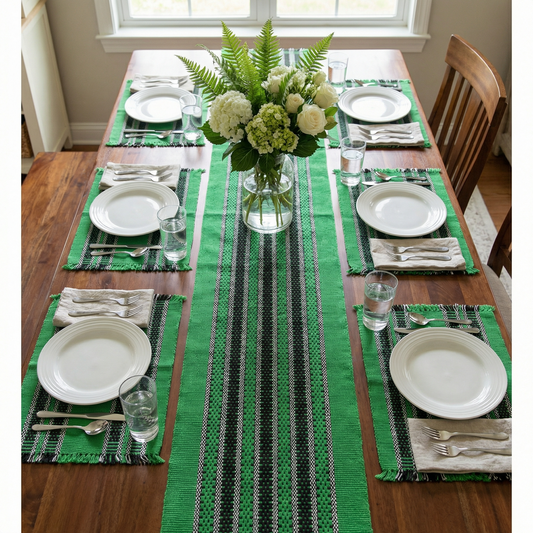 Loin Loom Handwoven Table Set: Runner & 6 Table Mats in Parrot Green & Black