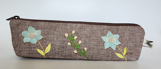 Blue Pink Flowers - Hand-embroidered Multi-purpose Zip Pouch