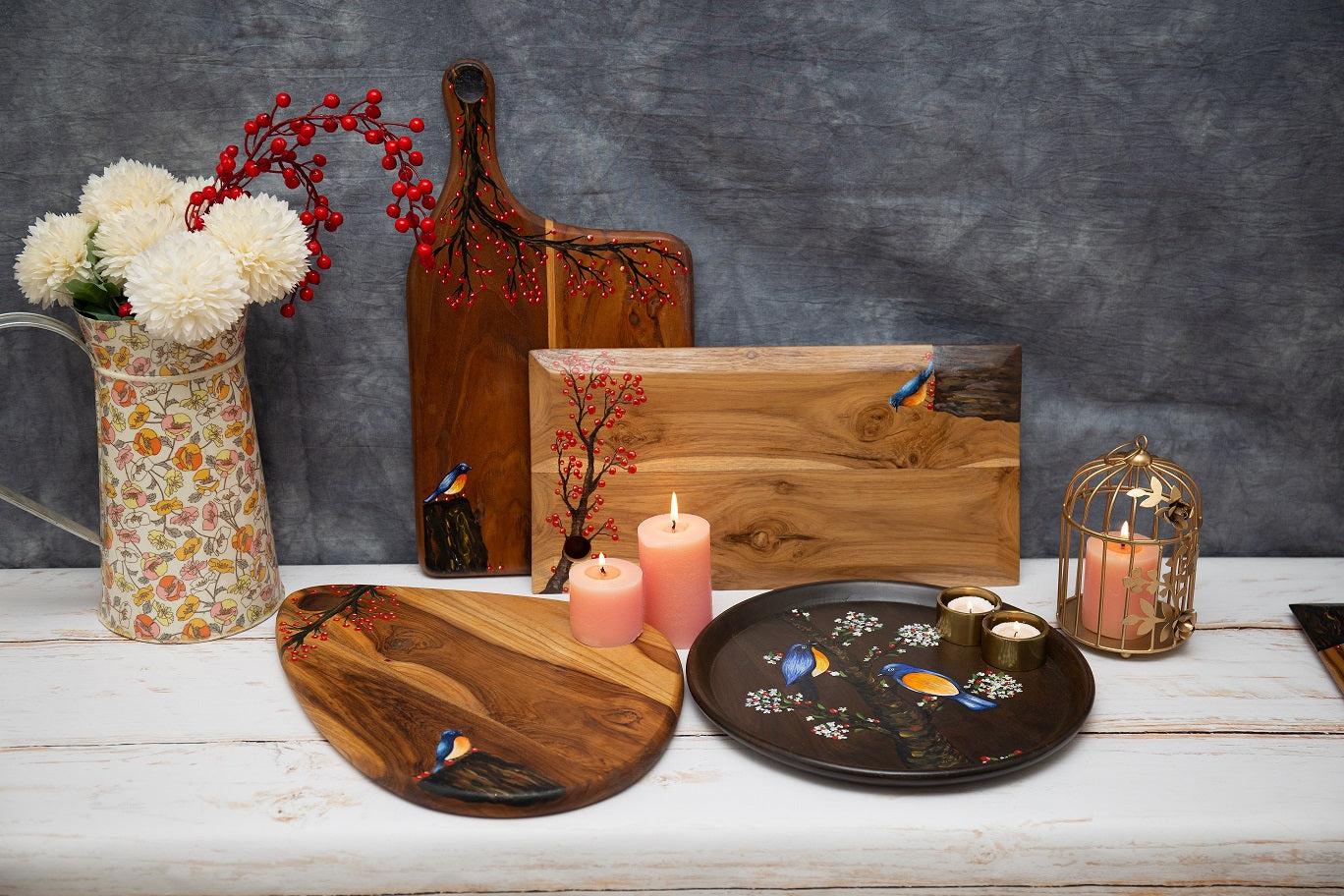 Nature Inspired Handpainted Large Teakwood Platter / Cheese Board with Handle