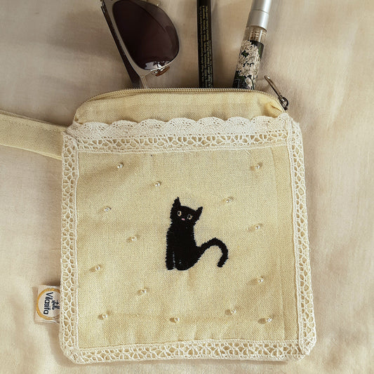 Studio VilaSita - Black Kitty & Snow - Hand-embroidered Utility Pouch