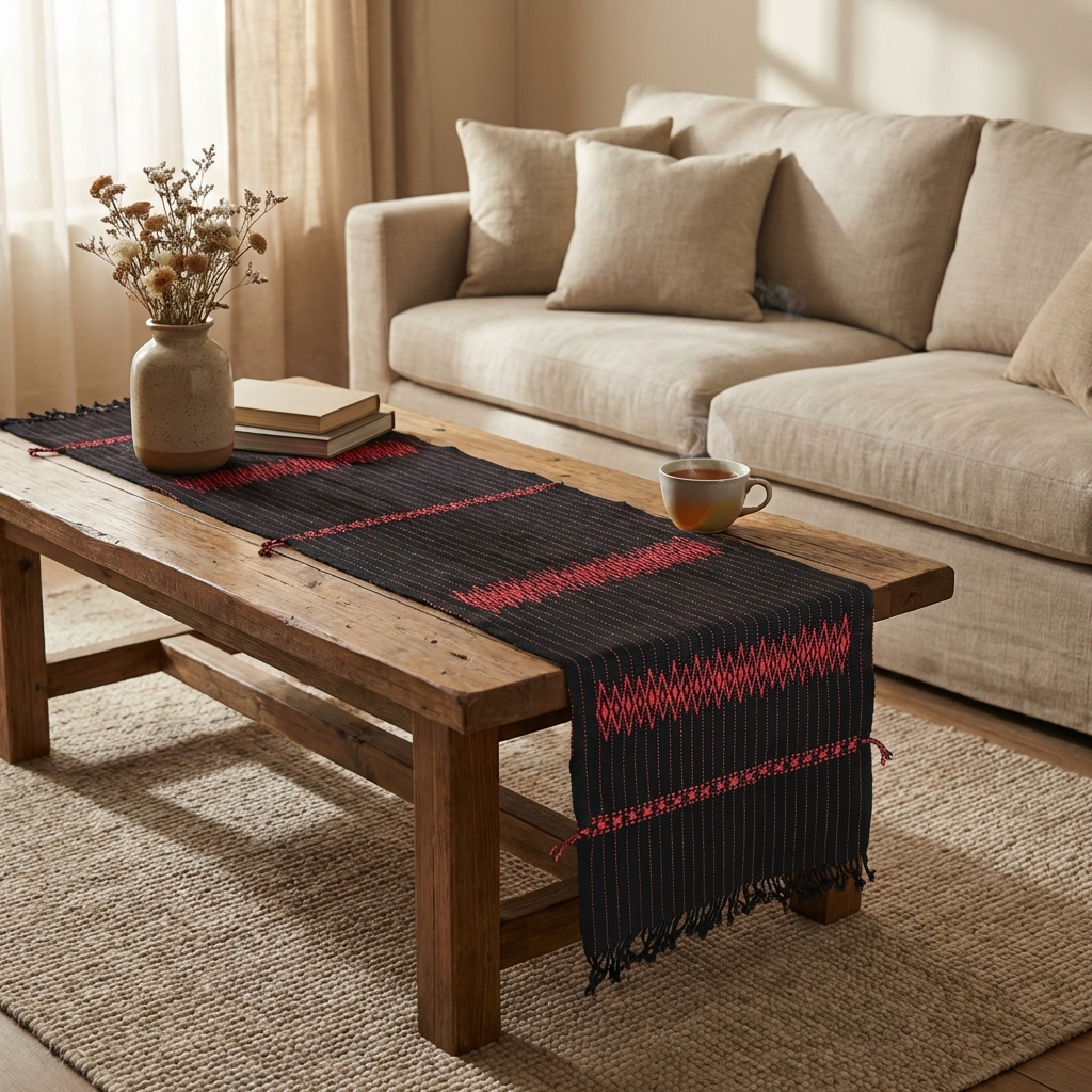Chizami Weaves - Loin Loom Handwoven Table Runner in Black & Red
