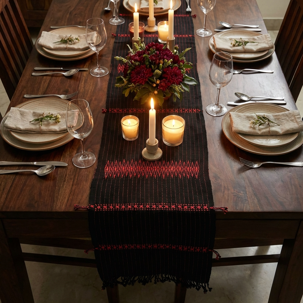 Chizami Weaves - Loin Loom Handwoven Table Runner in Black & Red