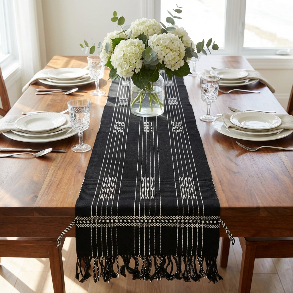 Chizami Weaves - Loin Loom Handwoven Table Runner in Black & White