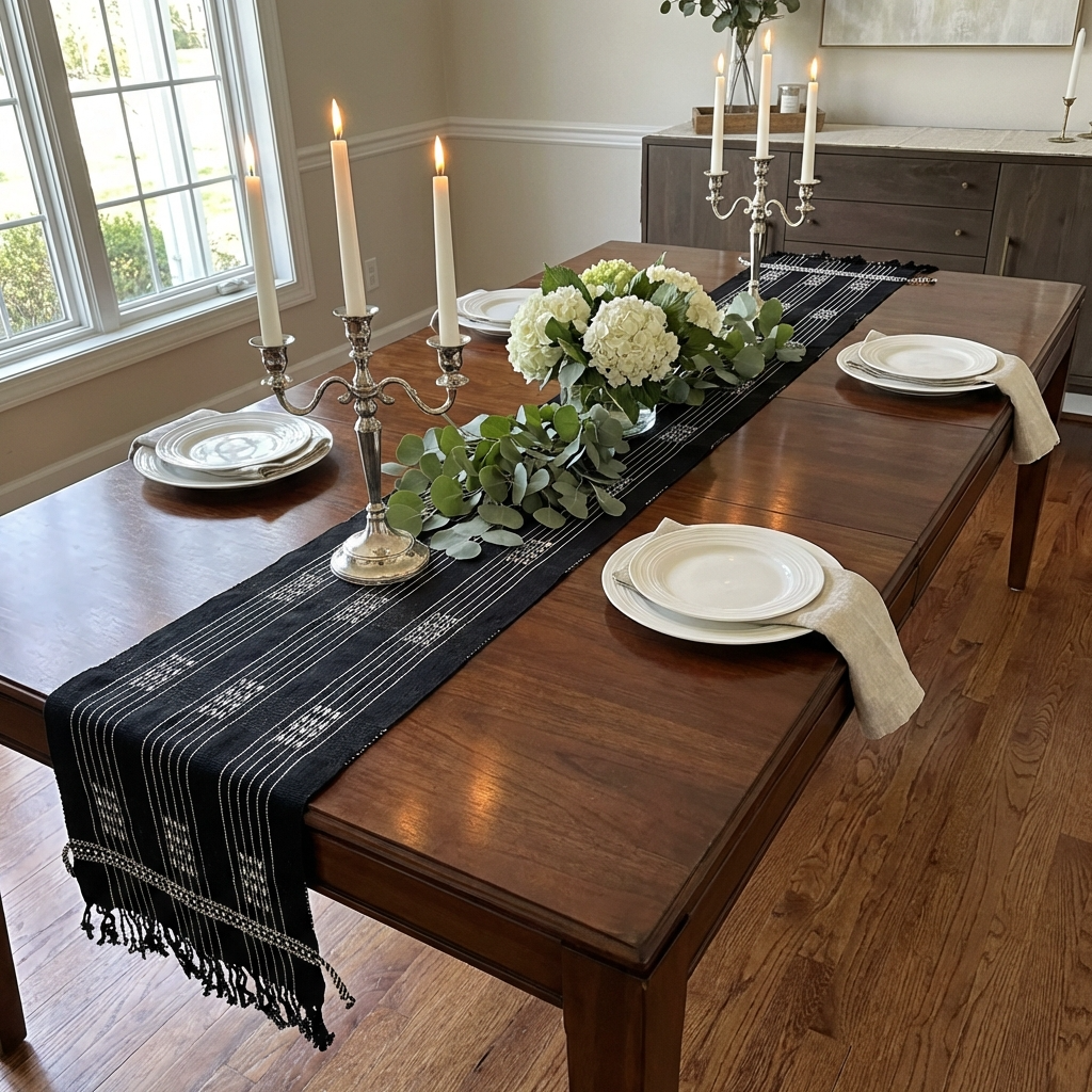 Chizami Weaves - Loin Loom Handwoven Table Runner in Black & White