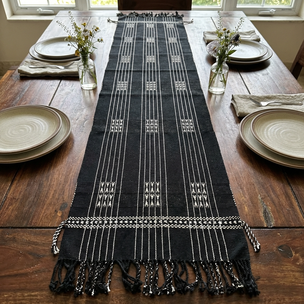 Chizami Weaves - Loin Loom Handwoven Table Runner in Black & White