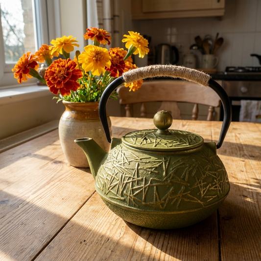Cast-Iron Hobnail TeaPot - Traditional Japanese Tetsubin (Tetsu-Kyusu) Olive Abstract TeaPot 900ml