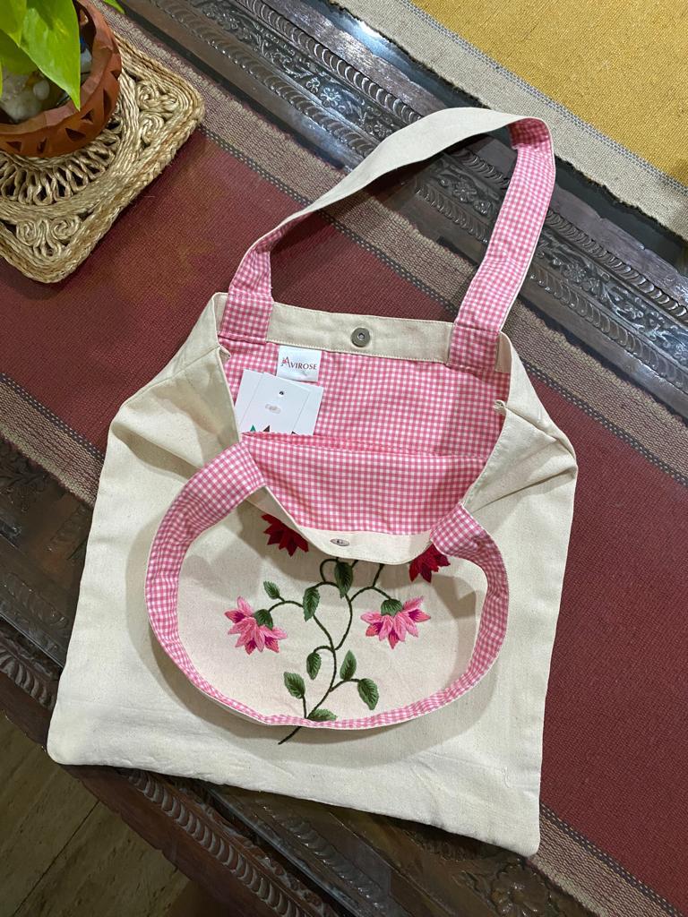 Avirose - Pink Lotus - Hand-embroidered Tote