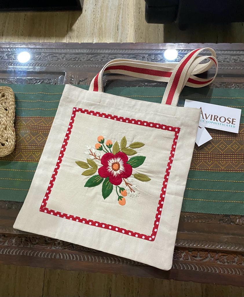 Avirose - Red Cherry - Hand-embroidered Tote