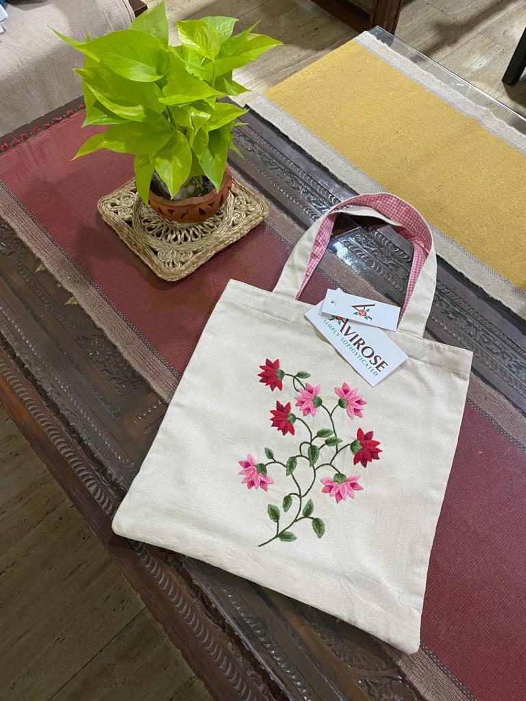 Avirose - Pink Lotus - Hand-embroidered Tote