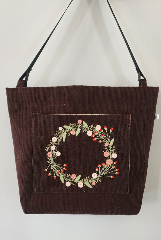 Ikali - Peach Floral Wreath - Hand-embroidered Tote