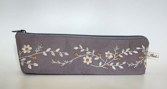 Grey Flowers - Hand-embroidered Multi-purpose Zip Pouch