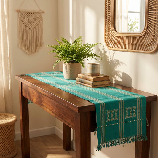 Chizami Weaves - Loin Loom Handwoven Table Runner in Aqua Green