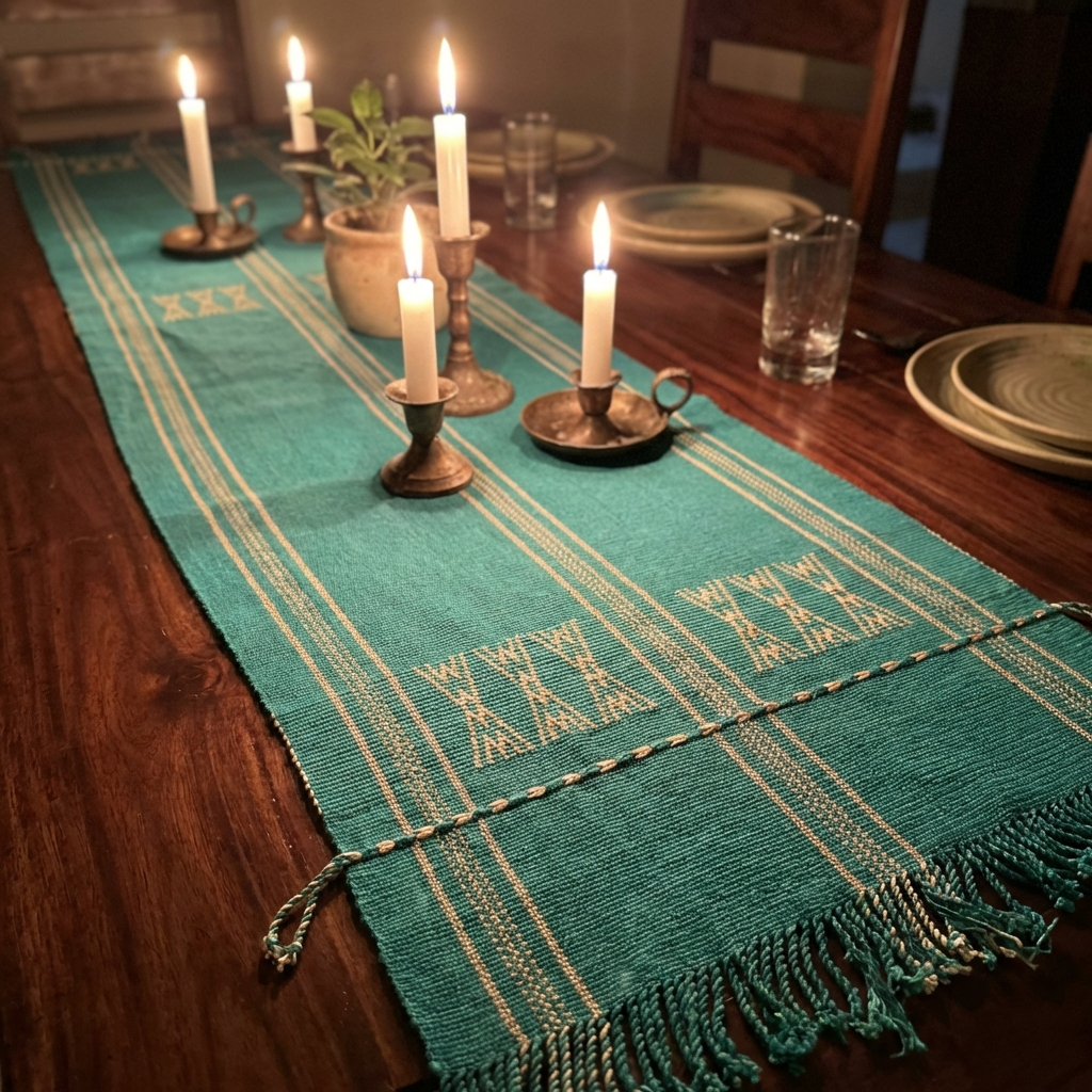 Chizami Weaves - Loin Loom Handwoven Table Runner in Aqua Green