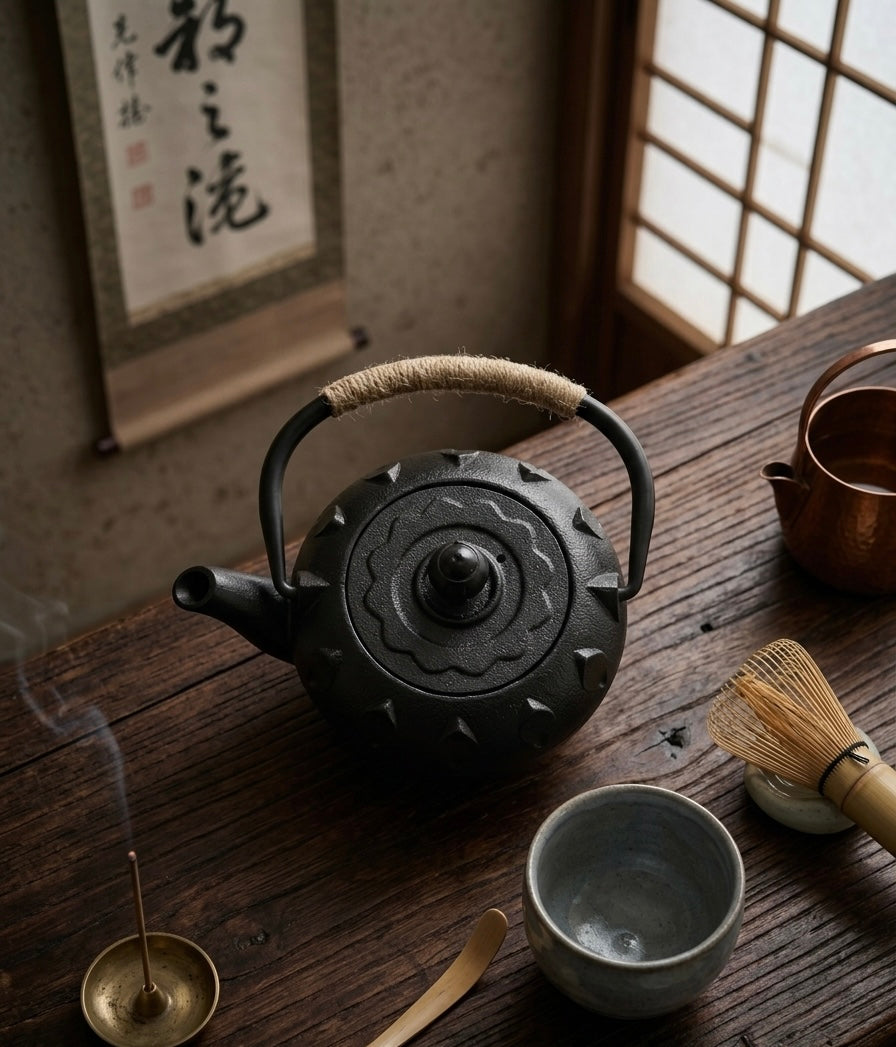 Cast-Iron Hobnail TeaPot - Traditional Japanese Tetsubin (Tetsu-Kyusu) Black Petals TeaPot 580ml