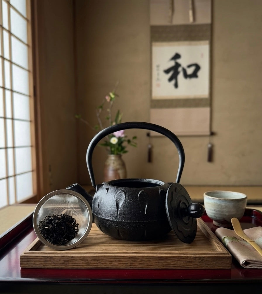 Cast-Iron Hobnail TeaPot - Traditional Japanese Tetsubin (Tetsu-Kyusu) Black Petals TeaPot 580ml