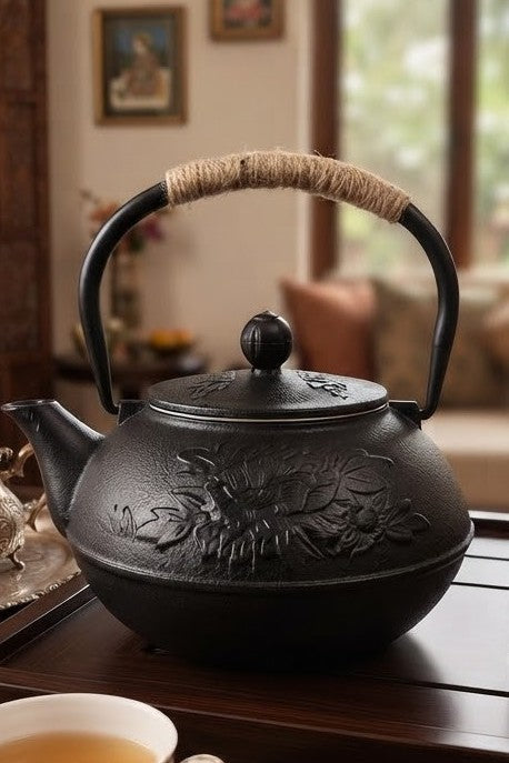 Cast-Iron Hobnail TeaPot - Traditional Japanese Tetsubin (Tetsu-Kyusu) Black Peony TeaPot 1000ml