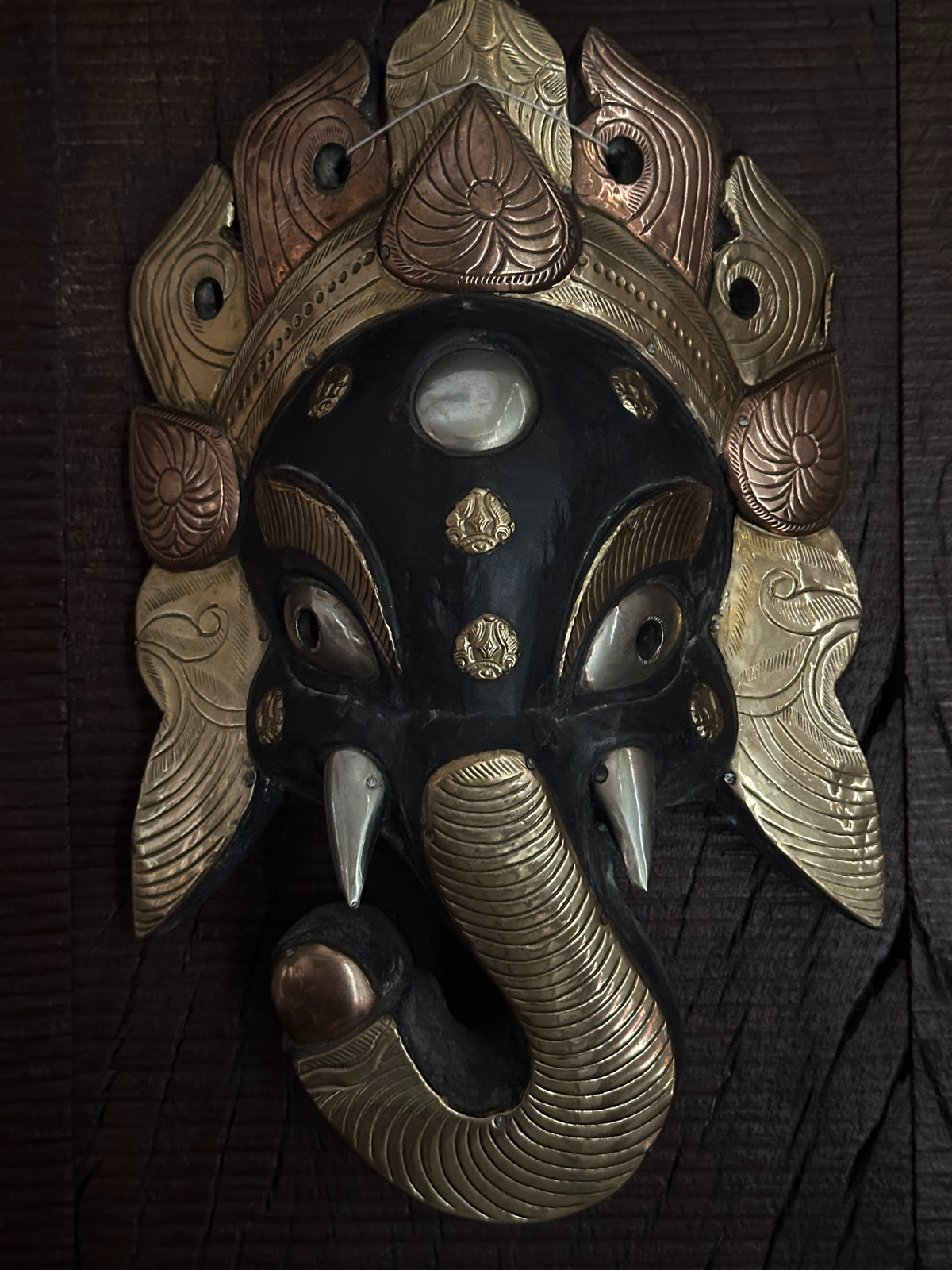 Ganesha Handcarved Wooden Mask with Metal Plating