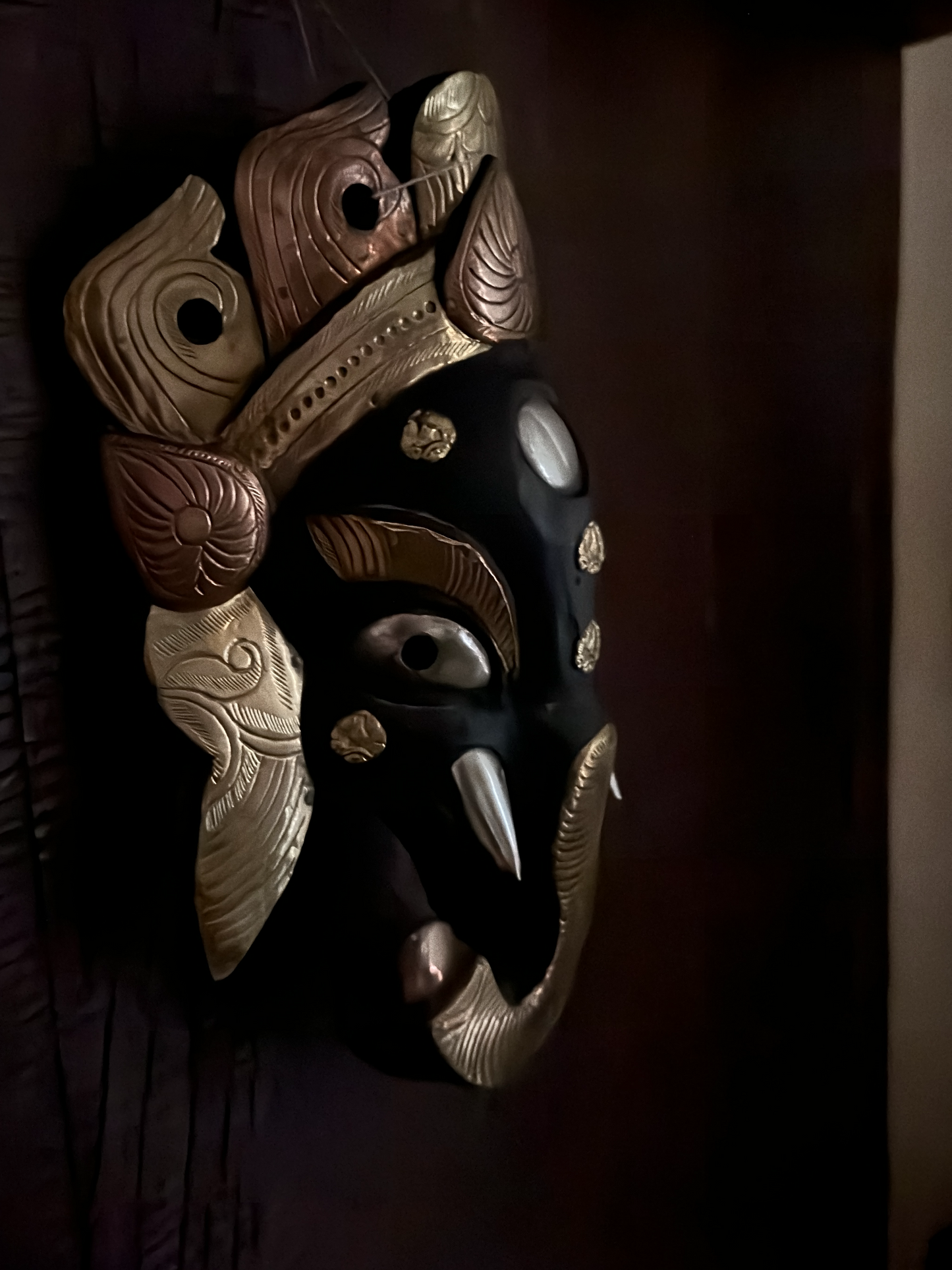 Ganesha Handcarved Wooden Mask with Metal Plating