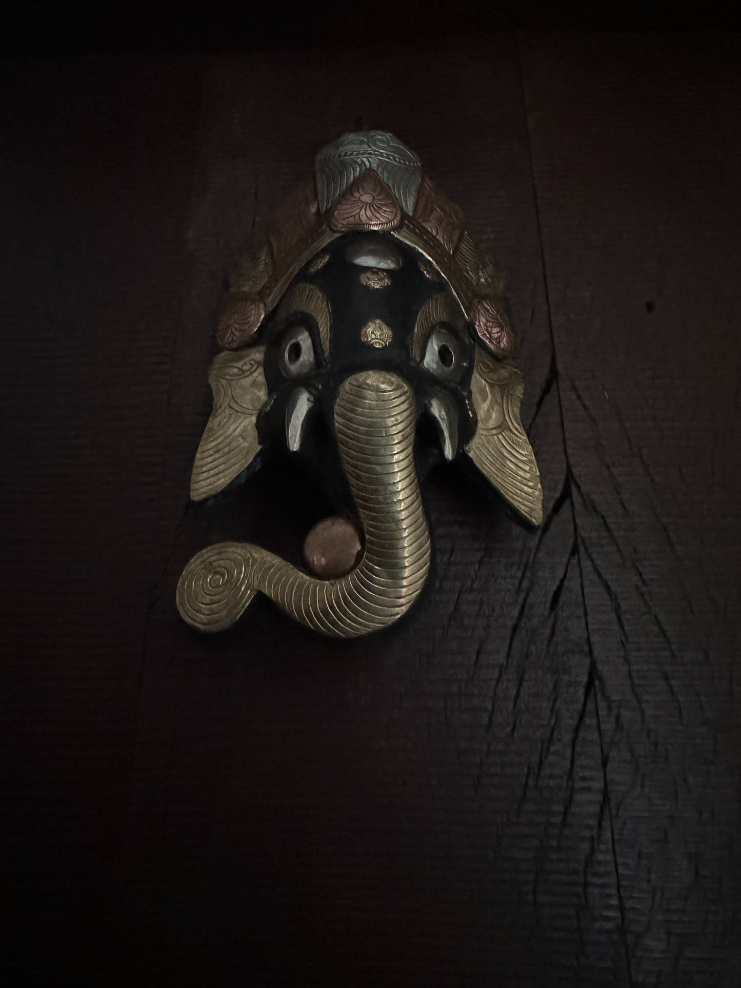 Ganesha Handcarved Wooden Mask with Metal Plating