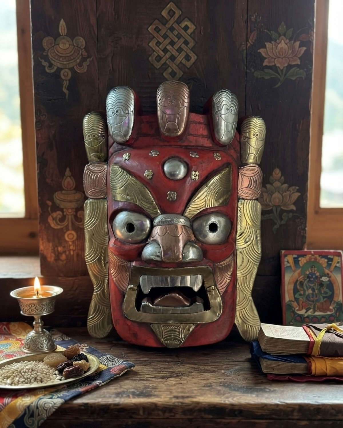 Red Mahākāla Handmade Wooden Mask