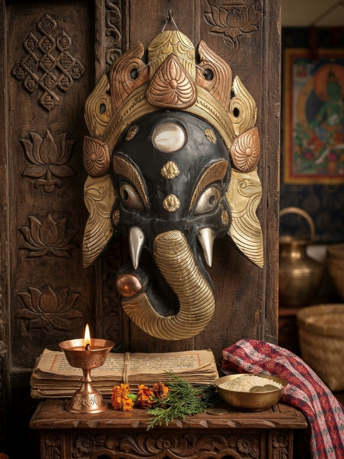 Ganesha Handcarved Wooden Mask with Metal Plating