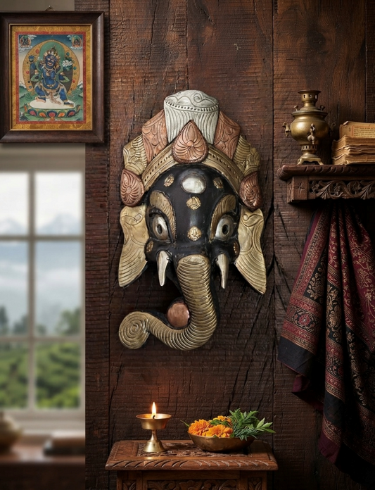 Ganesha Handcarved Wooden Mask with Metal Plating