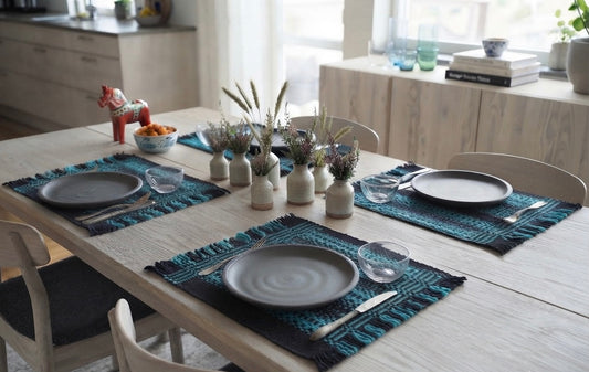 Loin Loom Handwoven Woollen Table Mat - Teal & Black (Set of 6)
