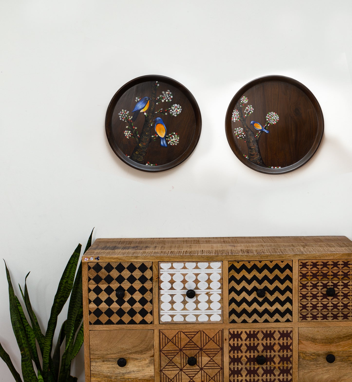 Nature Inspired Handpainted Round Teakwood Tray / Wall Plate