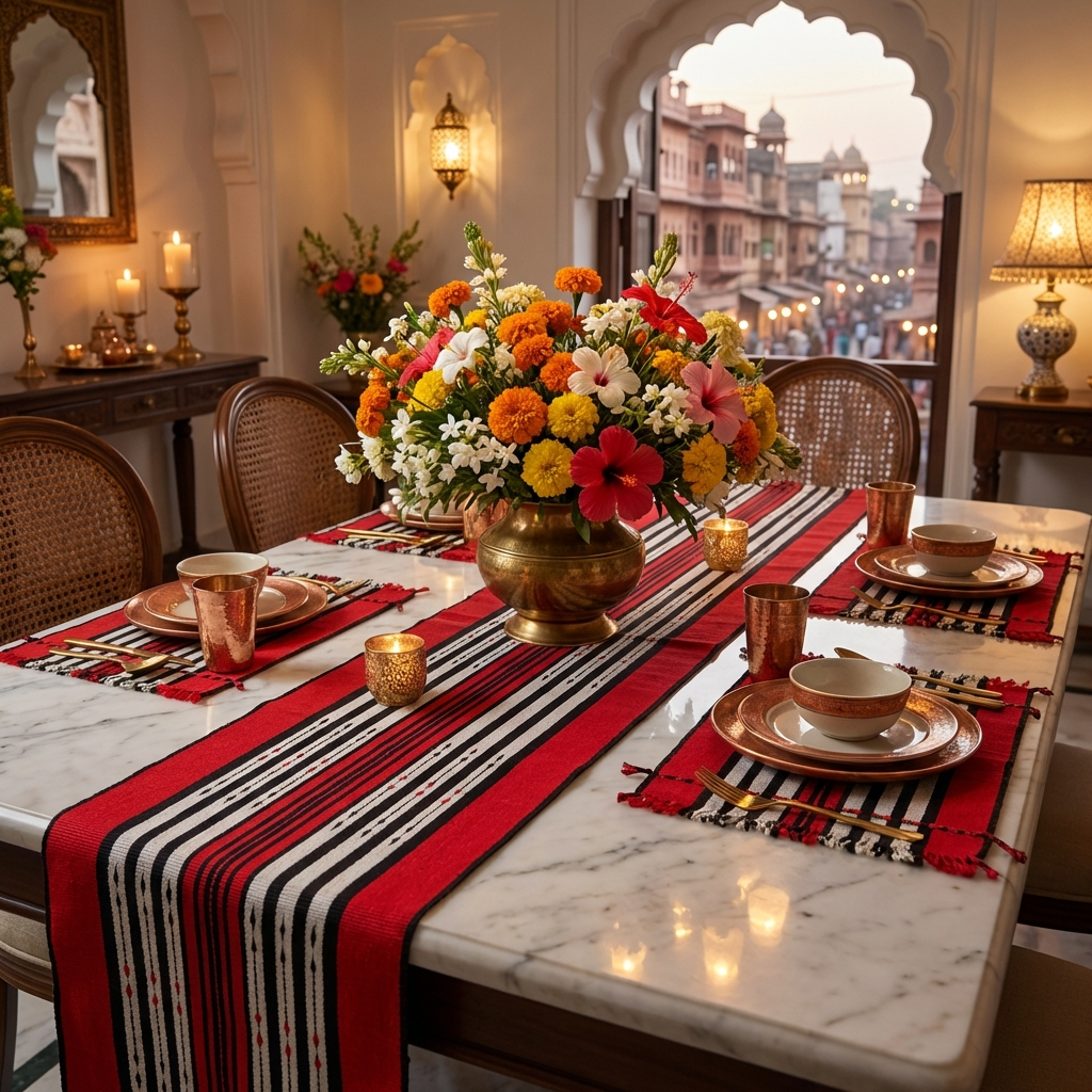 Chizami Weaves - Loin Loom Handwoven Table Set: Runner & 6 Table Mats with traditional Naga Spear Design