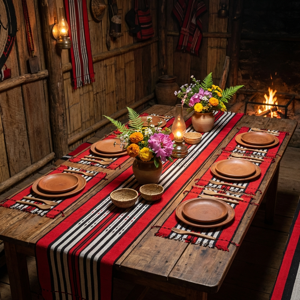 Chizami Weaves - Loin Loom Handwoven Table Set: Runner & 6 Table Mats with traditional Naga Spear Design