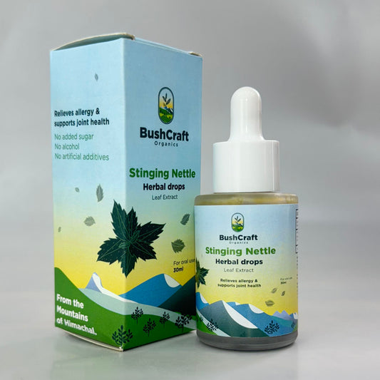 BushCraft Stinging Nettle Herbal drops packaging and bottle on a gray background